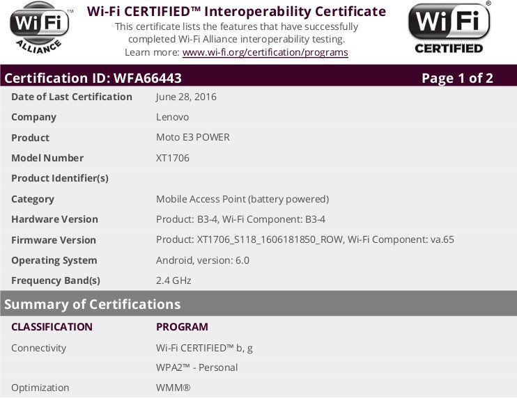 Lenovo Moto E3 Power certificazione Wi-Fi