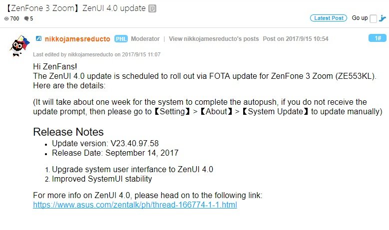 Asus Zenfone 3 Zoom ZenUI 4.0 aggiornamento