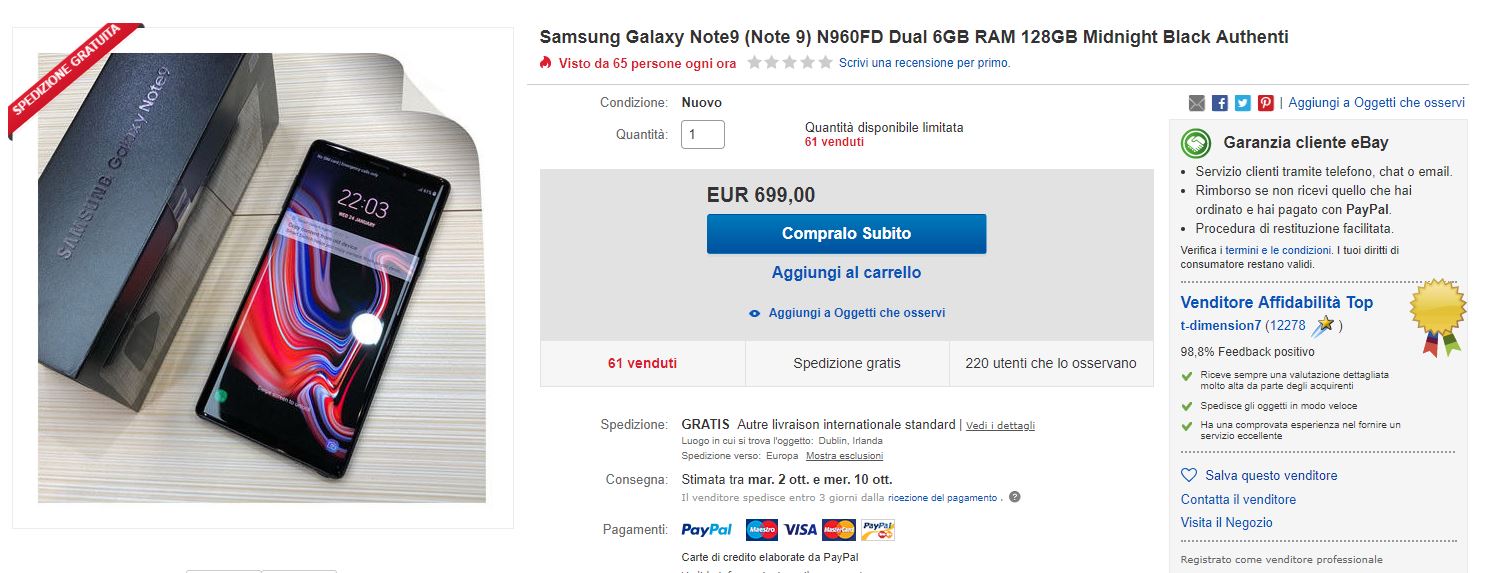 samsung galaxy note 9 offerta ebay