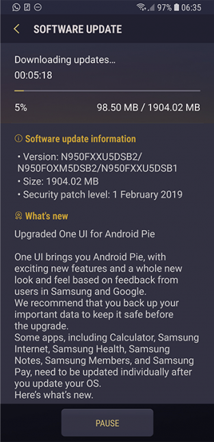 Samsung Galaxy Note 8 android 9 pie